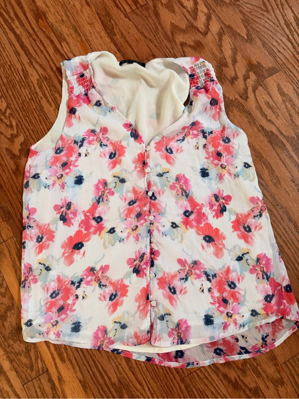 Sleeveless White Floral Button-Front Women's Blouse